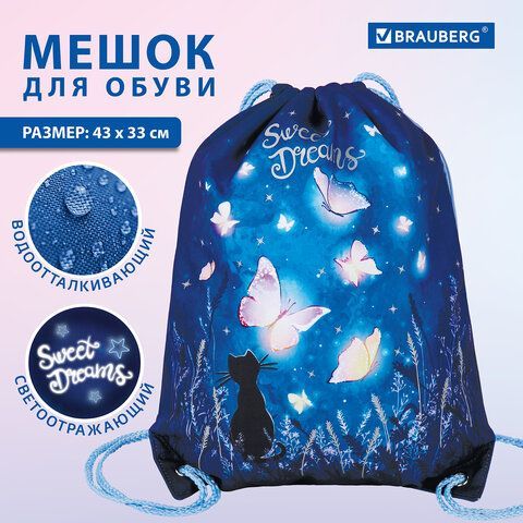 Мешок для обуви BRAUBERG PREMIUM, карман, подкладка, светоотражающие элементы, 43х33 см, &quot;Sweet dreams&quot;, 270744