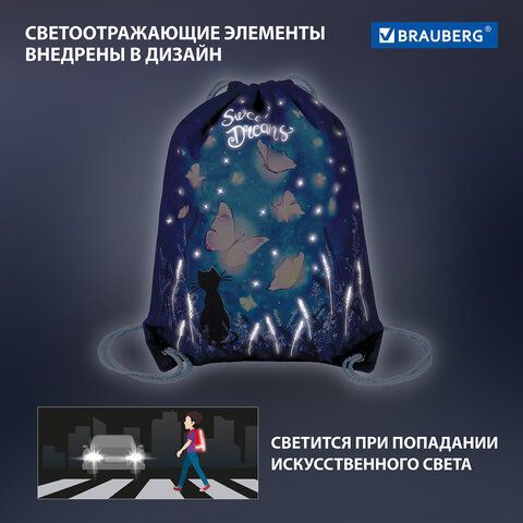 Мешок для обуви BRAUBERG PREMIUM, карман, подкладка, светоотражающие элементы, 43х33 см, &quot;Sweet dreams&quot;, 270744
