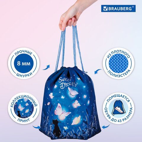 Мешок для обуви BRAUBERG PREMIUM, карман, подкладка, светоотражающие элементы, 43х33 см, &quot;Sweet dreams&quot;, 270744