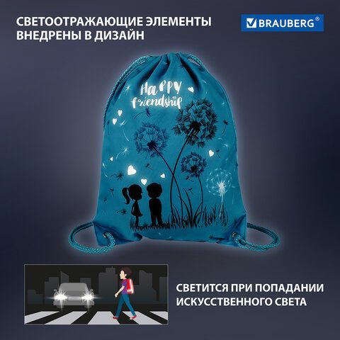 Мешок для обуви BRAUBERG PREMIUM, карман, подкладка, светоотражающие элементы, 43х33 см, &quot;Happy friendship&quot;, 270745