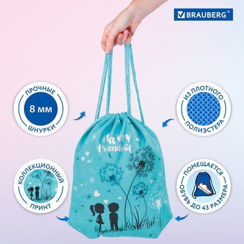 Мешок для обуви BRAUBERG PREMIUM, карман, подкладка, светоотражающие элементы, 43х33 см, &quot;Happy friendship&quot;, 270745