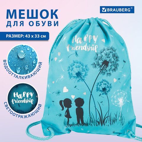 Мешок для обуви BRAUBERG PREMIUM, карман, подкладка, светоотражающие элементы, 43х33 см, &quot;Happy friendship&quot;, 270745