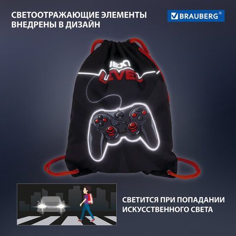 Мешок для обуви BRAUBERG PREMIUM, карман, подкладка, светоотражающие элементы, 43х33 см, &quot;Next level&quot;, 270748