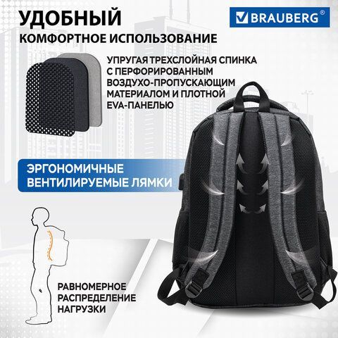 Рюкзак BRAUBERG URBAN универсальный, с отделением для ноутбука, черный/серый, 46х30х18 см, 270750