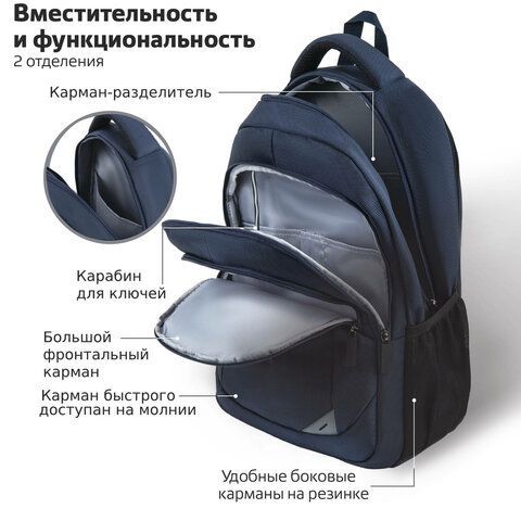 Рюкзак BRAUBERG URBAN универсальный, 2 отделения, &quot;Freedom&quot;, темно-синий, 46х32х19 см, 270755