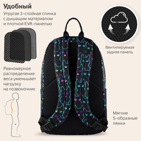 Рюкзак BRAUBERG DREAM универсальный с карманом для ноутбука, эргономичный, &quot;Neon cats&quot;, 42х26х14 см, 270771