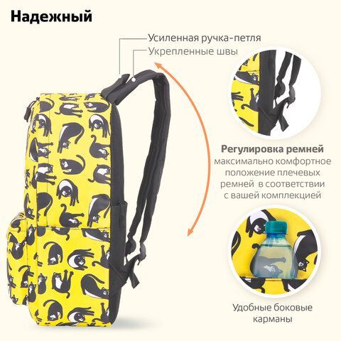 Рюкзак BRAUBERG POSITIVE универсальный, карман-анивор, потайной карман, &quot;Lazy cats&quot;, 42х28х14 см, 270778