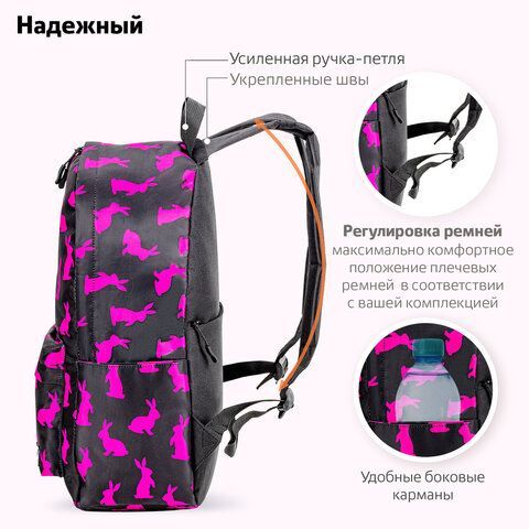 Рюкзак BRAUBERG POSITIVE универсальный, карман-антивор, &quot;Pink Rabbits&quot;, 42х28х14 см, 270780
