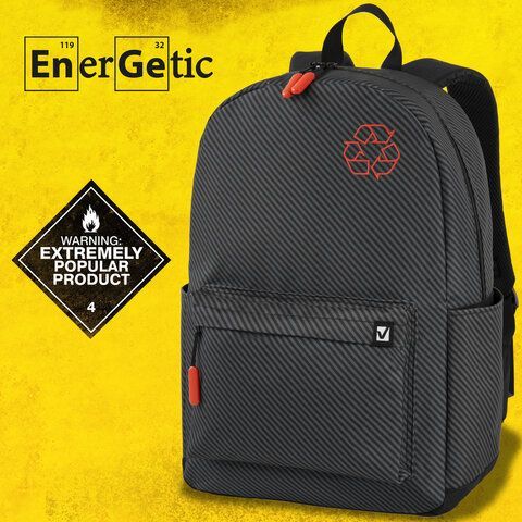 Рюкзак BRAUBERG ENERGETIC универсальный, эргономичный, &quot;Recycle&quot;, черный\серый, 43х30х16 см, 270796