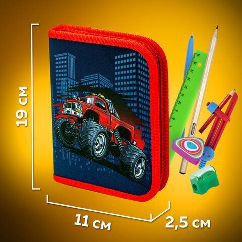 Пенал ПИФАГОР 3 шт., 1 отделение, полиэстер, 19х13 см, &quot;Monster car&quot;, 271013
