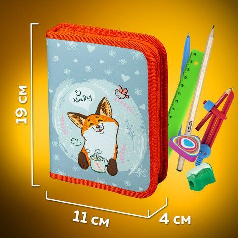Пенал ПИФАГОР, 1 отделения, 2 откидные планки, полиэстер, 20х14 см, &quot;Cute fox&quot;, 271018