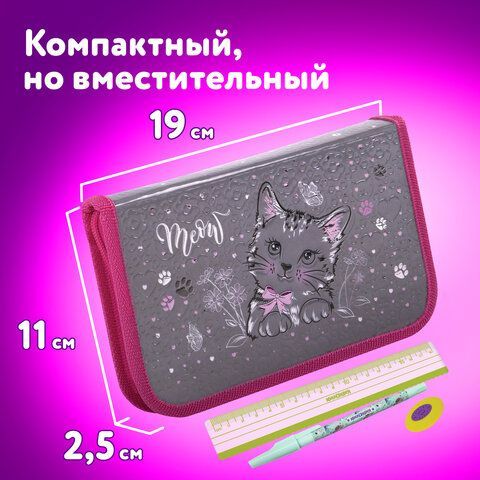 Пенал ЮНЛАНДИЯ, 1 отделение, металлизированный картон, конгрев, 19х11 см, &quot;Meow&quot;, 271103