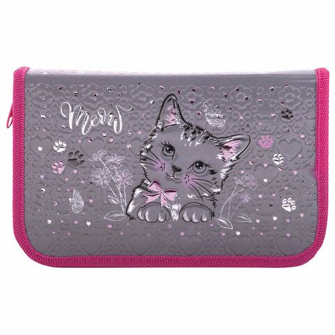 Пенал ЮНЛАНДИЯ, 1 отделение, металлизированный картон, конгрев, 19х11 см, &quot;Meow&quot;, 271103