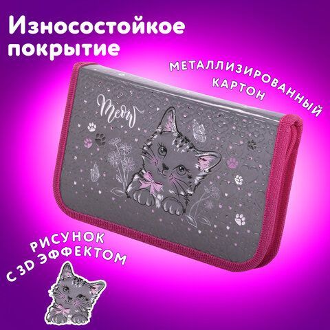 Пенал ЮНЛАНДИЯ, 1 отделение, металлизированный картон, конгрев, 19х11 см, &quot;Meow&quot;, 271103