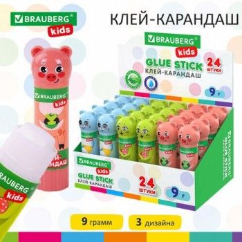 Клей-карандаш "Зверята: кошка, мышка, хрюшка", 9 г, фигурный колпачок, BRAUBERG KIDS 24 шт., 271138