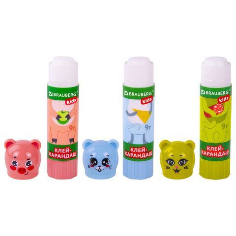 Клей-карандаш &quot;Зверята: кошка, мышка, хрюшка&quot;, 9 г, фигурный колпачок, BRAUBERG KIDS 24 шт., 271138