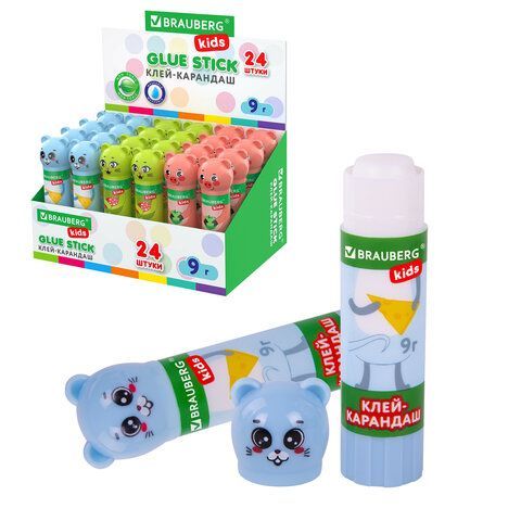 Клей-карандаш &quot;Зверята: кошка, мышка, хрюшка&quot;, 9 г, фигурный колпачок, BRAUBERG KIDS 24 шт., 271138