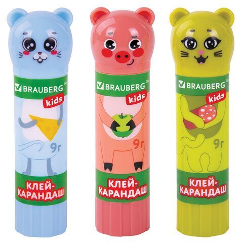 Клей-карандаш &quot;Зверята: кошка, мышка, хрюшка&quot;, 9 г, фигурный колпачок, BRAUBERG KIDS, 271138