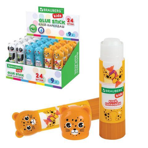 Клей-карандаш &quot;Зверята: панда, слон, леопард&quot;, 9 г, фигурный колпачок, BRAUBERG KIDS 24 шт., 271139
