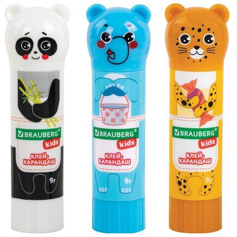 Клей-карандаш &quot;Зверята: панда, слон, леопард&quot;, 9 г, фигурный колпачок, BRAUBERG KIDS 24 шт., 271139