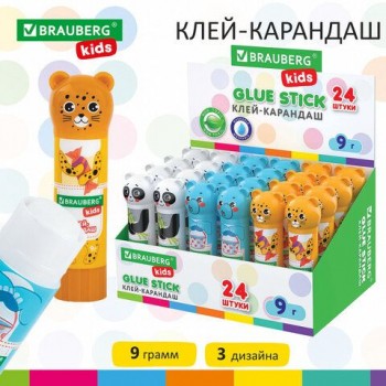 Клей-карандаш "Зверята: панда, слон, леопард", 9 г, фигурный колпачок, BRAUBERG KIDS 24 шт., 271139