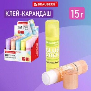 Клей-карандаш в пастельном корпусе BRAUBERG 5 шт. PASTEL, 15 г, PVP-основа, ассорти, 271249