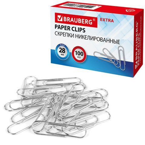 Скрепки EXTRA BRAUBERG 2 шт. 28 мм никелированные 100 штук, 271312