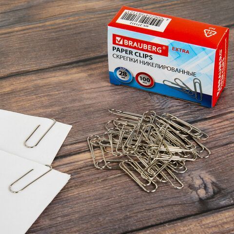Скрепки EXTRA BRAUBERG 2 шт. 28 мм никелированные 100 штук, 271312