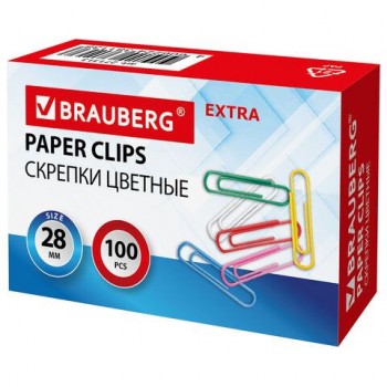 Скрепки EXTRA BRAUBERG 3 шт. 28 мм цветные 100 штук, 271313