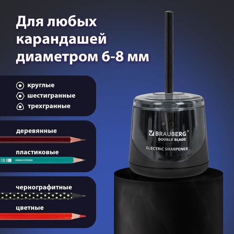 Точилка электрическая BRAUBERG DOUBLE BLADE BLACK, двойное лезвие, питание от 2 батареек АА, 271336