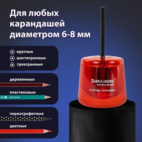 Точилка электрическая BRAUBERG DOUBLE BLADE RED, двойное лезвие, питание от 2 батареек АА, 271338