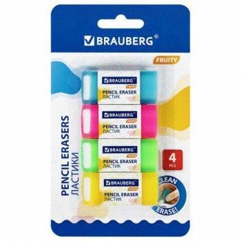 Ластики полупрозрачные BRAUBERG 2 шт. FRUITY НАБОР 4 штуки, размер ластика 54х23х10 мм, упаковка блистер, 271343