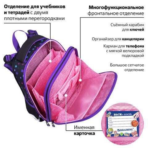 Ранец BRAUBERG PREMIUM, 2 отделения, с брелком, &quot;Neon cat&quot;, 38х29х16 см, 271352
