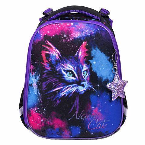 Ранец BRAUBERG PREMIUM, 2 отделения, с брелком, &quot;Neon cat&quot;, 38х29х16 см, 271352