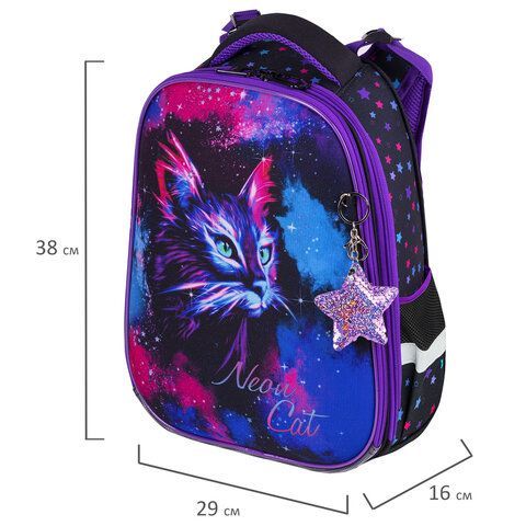 Ранец BRAUBERG PREMIUM, 2 отделения, с брелком, &quot;Neon cat&quot;, 38х29х16 см, 271352