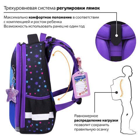 Ранец BRAUBERG PREMIUM, 2 отделения, с брелком, &quot;Neon cat&quot;, 38х29х16 см, 271352