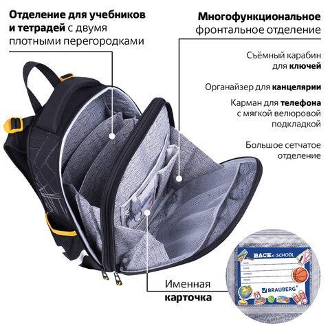 Ранец BRAUBERG PREMIUM, 2 отделения, с брелком, &quot;Venomous spider&quot;, 3D панель, 38х29х16 см, 271355