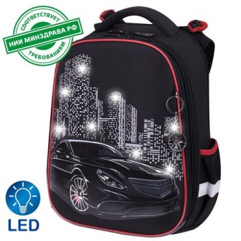 Ранец BRAUBERG PREMIUM, 2 отделения, с брелком, "City car", LED ЛАМПОЧКИ, 38х29х16 см, 271356