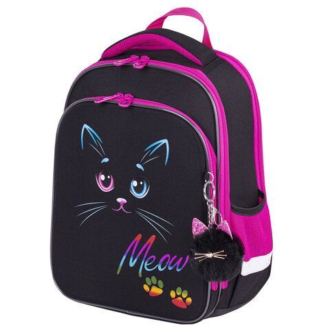 Ранец BRAUBERG QUADRO, 3 отделения, с брелоком, &quot;Black cat&quot;, 37х28х18 см, 271358