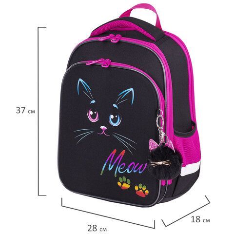 Ранец BRAUBERG QUADRO, 3 отделения, с брелоком, &quot;Black cat&quot;, 37х28х18 см, 271358