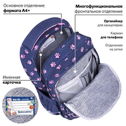 Рюкзак BRAUBERG MOTION, 2 отделения, 3 кармана, &quot;Pawprints&quot;, 41х28х17 см, 271362