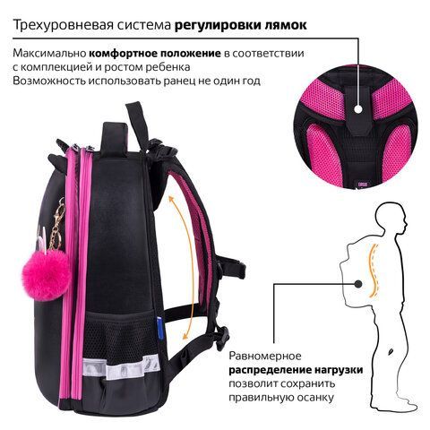 Ранец BRAUBERG SHINY, 2 отделения, с брелоком, &quot;Glad to be cat&quot;, 38х28х14 см, 271382
