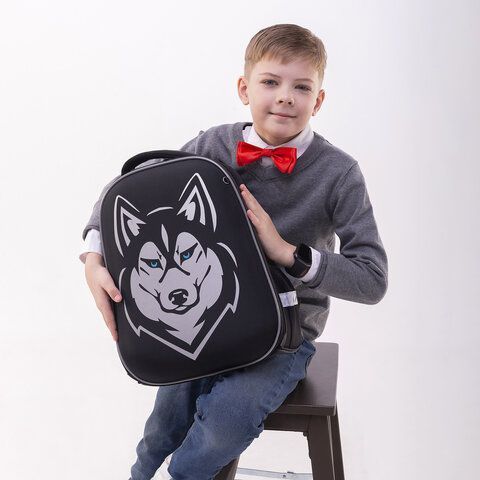 Ранец BRAUBERG SHINY, 2 отделения, с брелоком, &quot;Husky&quot;, СВЕТЯЩИЙСЯ РИСУНОК, 38х28х14 см, 271383