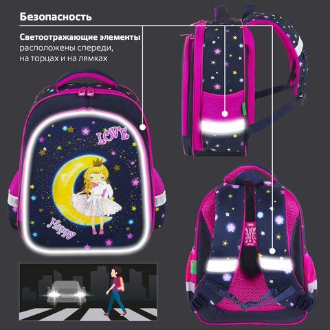 Ранец BRAUBERG KIDS STANDARD, 2 отделения, &quot;Moon girl&quot;, 36х28х14 см, 271387
