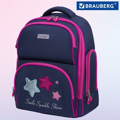 Рюкзак BRAUBERG CLASSIC, легкий каркас, премиум материал, &quot;Stars&quot;, синий, 37х32х21 см, 271394