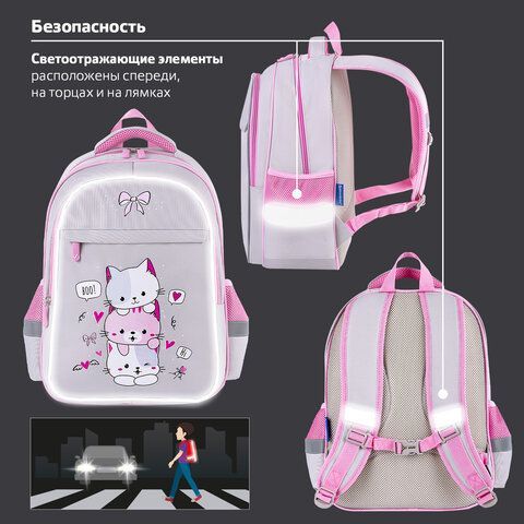Рюкзак BRAUBERG FAVOUR, 2 отделения, 3 кармана, &quot;Fluffy kittens&quot;, 40х29х15 см, 271417