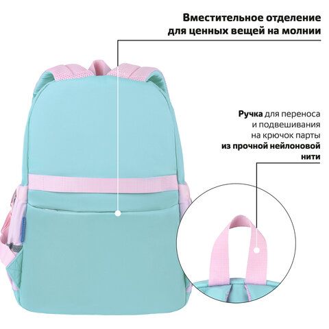 Рюкзак BRAUBERG PASTEL с термонашивками в комплекте, &quot;Funny clouds&quot;, мятный, 40х29х14 см, 271421