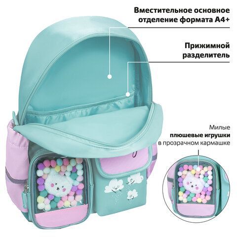 Рюкзак BRAUBERG PASTEL с термонашивками в комплекте, &quot;Funny clouds&quot;, мятный, 40х29х14 см, 271421