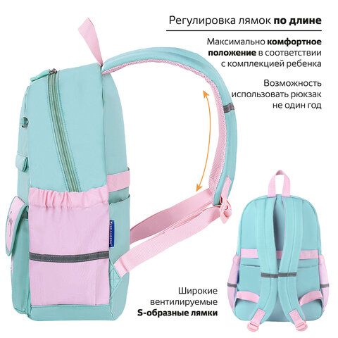 Рюкзак BRAUBERG PASTEL с термонашивками в комплекте, &quot;Funny clouds&quot;, мятный, 40х29х14 см, 271421