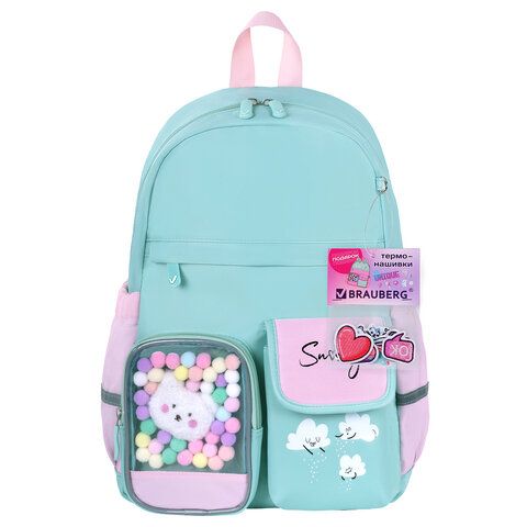 Рюкзак BRAUBERG PASTEL с термонашивками в комплекте, &quot;Funny clouds&quot;, мятный, 40х29х14 см, 271421